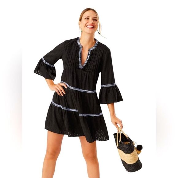 NWT TOMMY BAHAMA EMBROIDERED TIERED COTTON TASSEL BLACK DRESS WOMENS SIZE SMALL - Picture 1 of 12